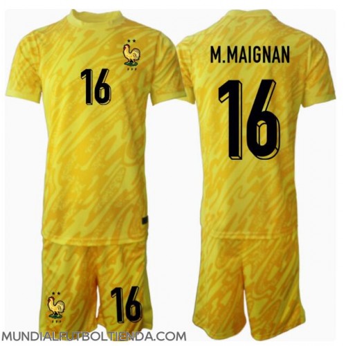 Camiseta Francia Mike Maignan #16 Portero Primera Equipación Replica Eurocopa 2024 para niños mangas cortas (+ Pantalones cortos)